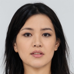 Neutral asian young-adult female with long  black hair and brown eyes