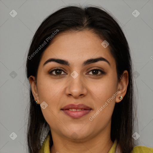 Joyful latino young-adult female with long  brown hair and brown eyes