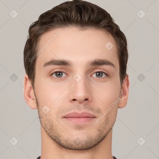 Neutral white young-adult male with short  brown hair and brown eyes