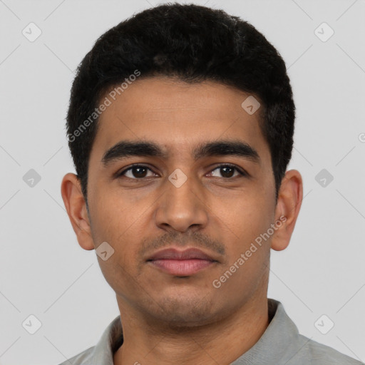 Neutral latino young-adult male with short  black hair and brown eyes