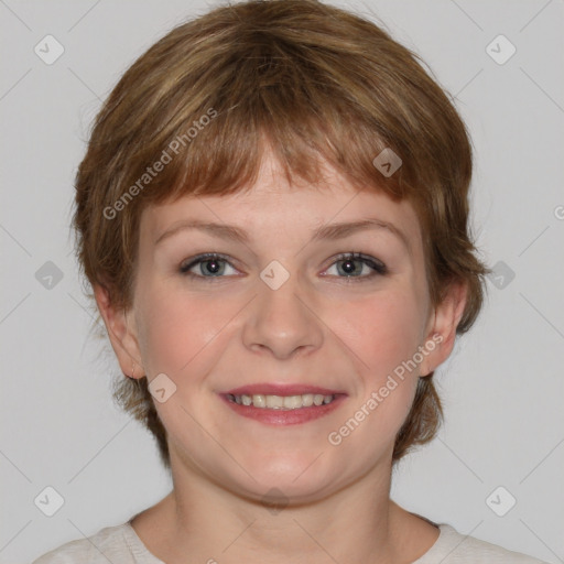 Joyful white young-adult female with medium  brown hair and blue eyes