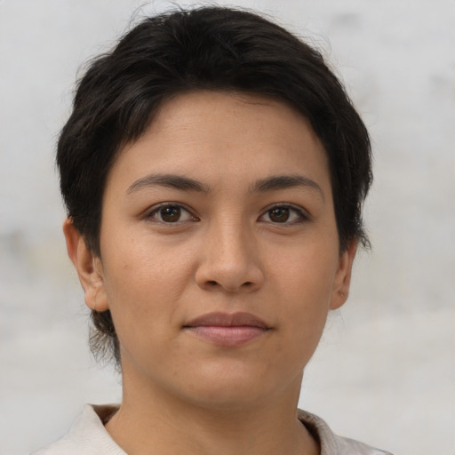 Neutral latino young-adult female with short  brown hair and brown eyes