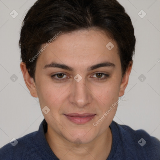 Joyful white young-adult female with short  brown hair and brown eyes