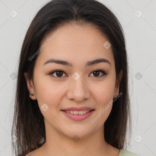 Joyful white young-adult female with long  brown hair and brown eyes