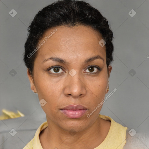 Neutral latino young-adult female with short  brown hair and brown eyes