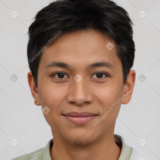 Joyful white young-adult male with short  black hair and brown eyes