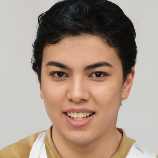 Joyful latino young-adult female with short  brown hair and brown eyes