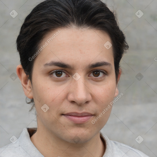 Joyful white young-adult male with medium  brown hair and brown eyes