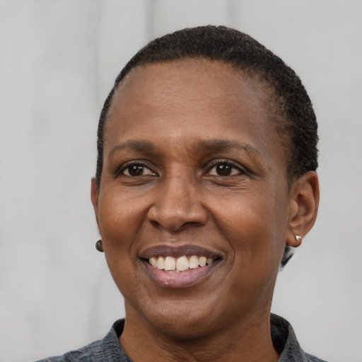 Joyful latino adult female with short  black hair and brown eyes