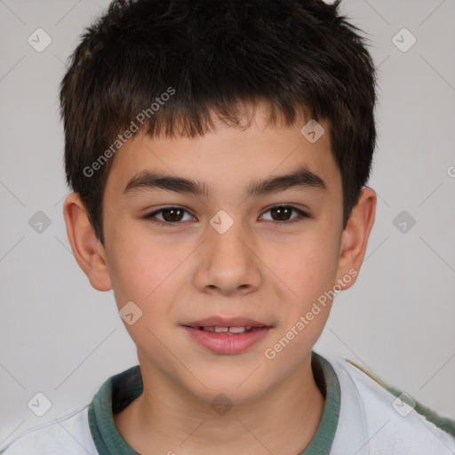 Joyful white child male with short  brown hair and brown eyes