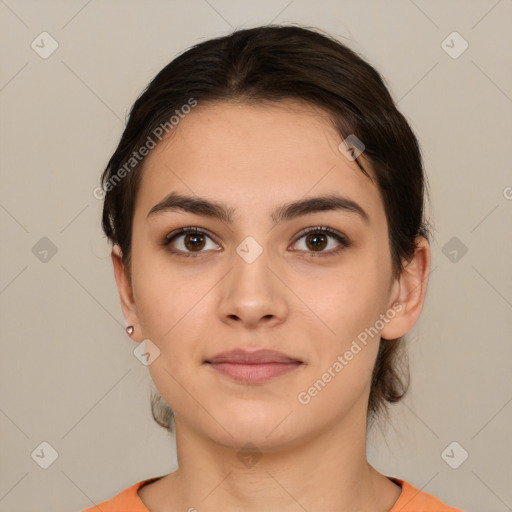 Neutral white young-adult female with medium  brown hair and brown eyes