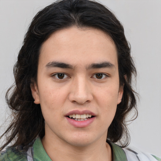 Joyful white young-adult male with medium  brown hair and brown eyes