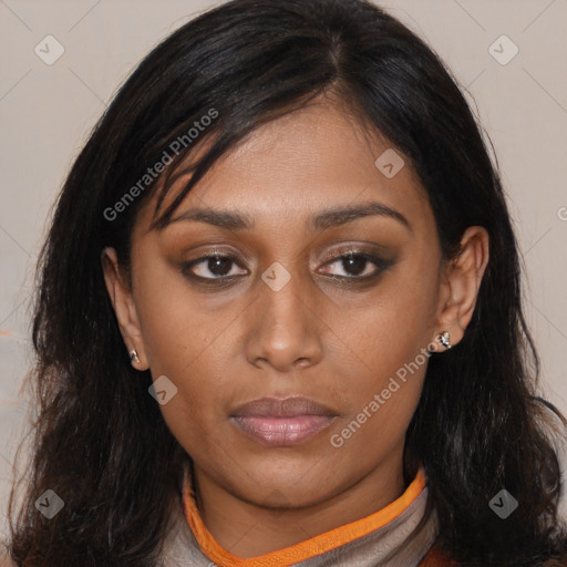 Neutral latino young-adult female with medium  brown hair and brown eyes