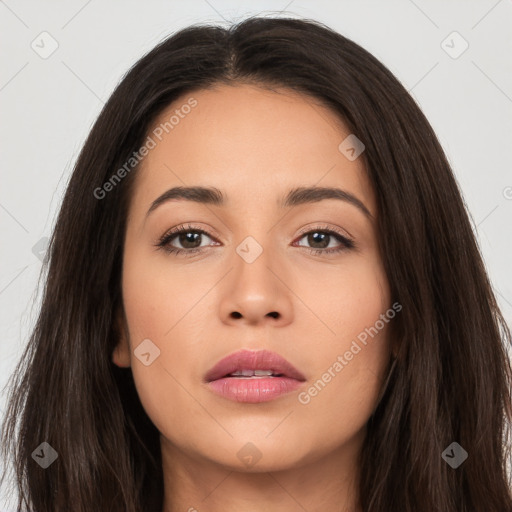 Joyful white young-adult female with long  black hair and brown eyes