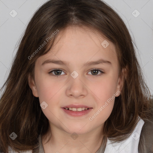 Joyful white child female with medium  brown hair and brown eyes