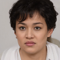 Neutral asian young-adult female with short  brown hair and brown eyes