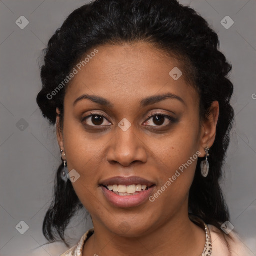 Joyful latino young-adult female with medium  black hair and brown eyes