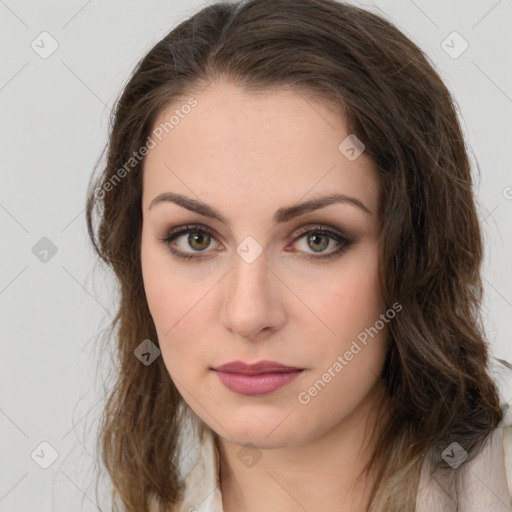 Neutral white young-adult female with medium  brown hair and green eyes