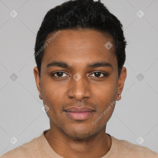 Neutral black young-adult male with short  black hair and brown eyes