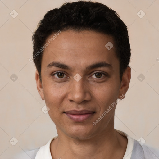 Joyful white young-adult male with short  black hair and brown eyes