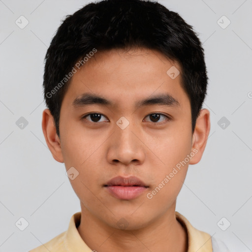 Neutral asian young-adult male with short  black hair and brown eyes