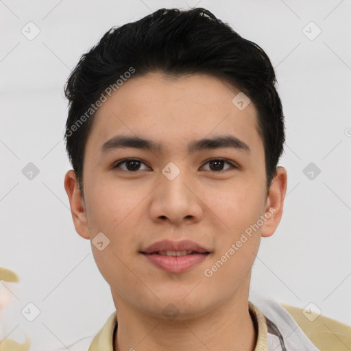 Joyful asian young-adult male with short  black hair and brown eyes