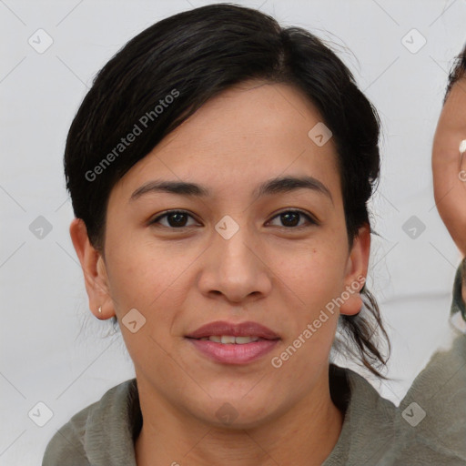 Joyful asian young-adult female with medium  brown hair and brown eyes