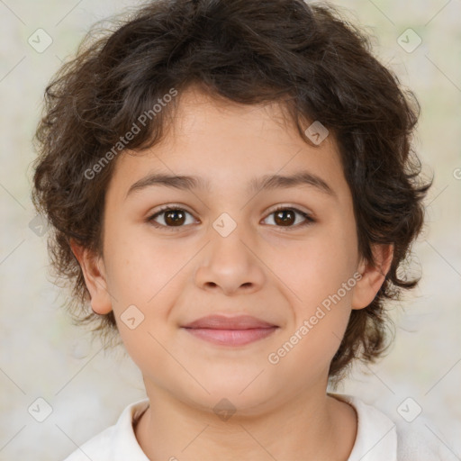 Joyful white child female with medium  brown hair and brown eyes