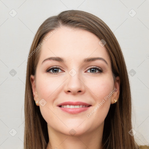 Joyful white young-adult female with long  brown hair and grey eyes