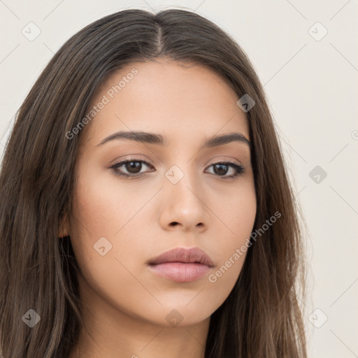 Neutral white young-adult female with long  brown hair and brown eyes