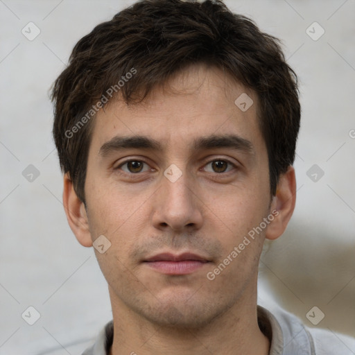 Neutral white young-adult male with short  brown hair and brown eyes