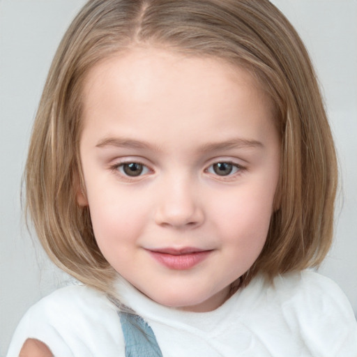 Joyful white child female with medium  brown hair and blue eyes