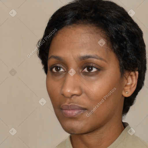 Neutral black young-adult female with short  black hair and brown eyes