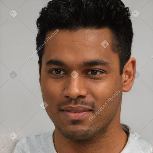 Neutral latino young-adult male with short  black hair and brown eyes