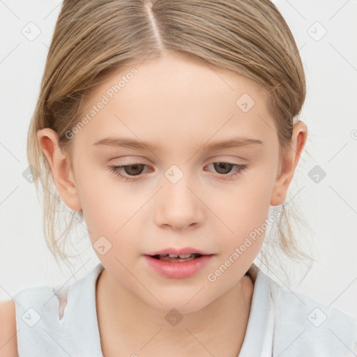 Joyful white child female with medium  brown hair and brown eyes