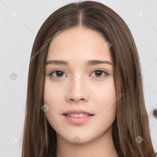 Neutral white young-adult female with long  brown hair and brown eyes