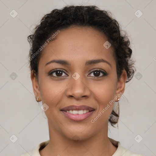 Joyful latino young-adult female with short  brown hair and brown eyes