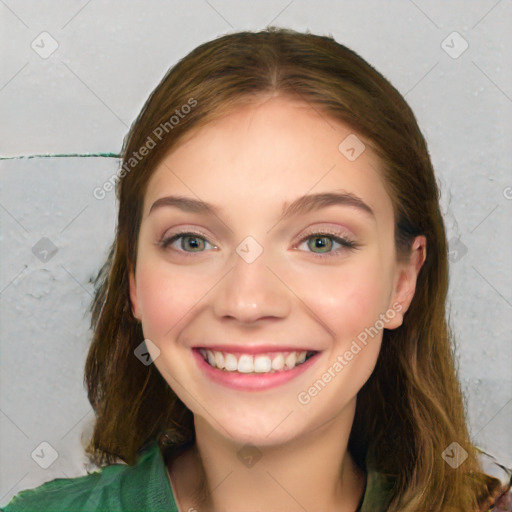 Joyful white young-adult female with long  brown hair and green eyes