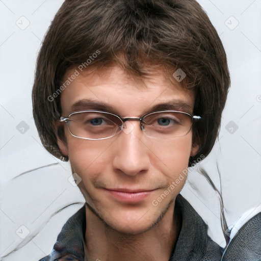 Neutral white young-adult male with short  brown hair and grey eyes