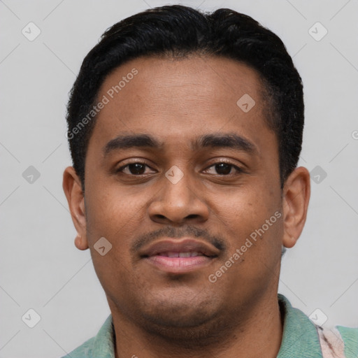 Neutral black young-adult male with short  black hair and brown eyes