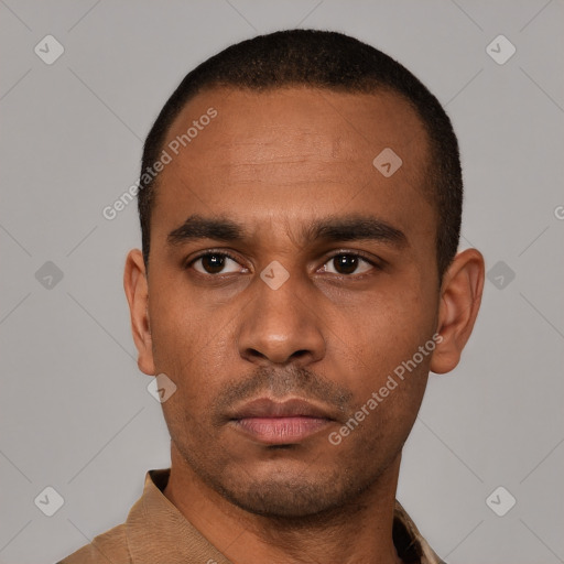 Neutral latino young-adult male with short  black hair and brown eyes