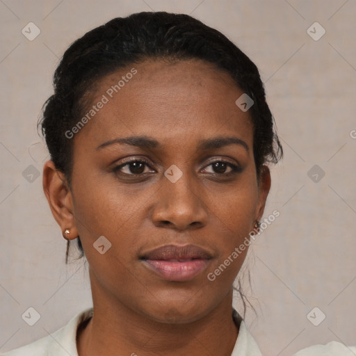 Neutral black young-adult female with short  black hair and brown eyes