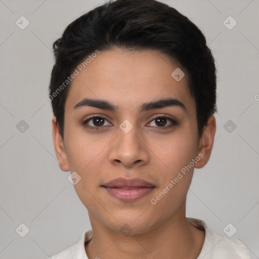 Joyful latino young-adult female with short  black hair and brown eyes