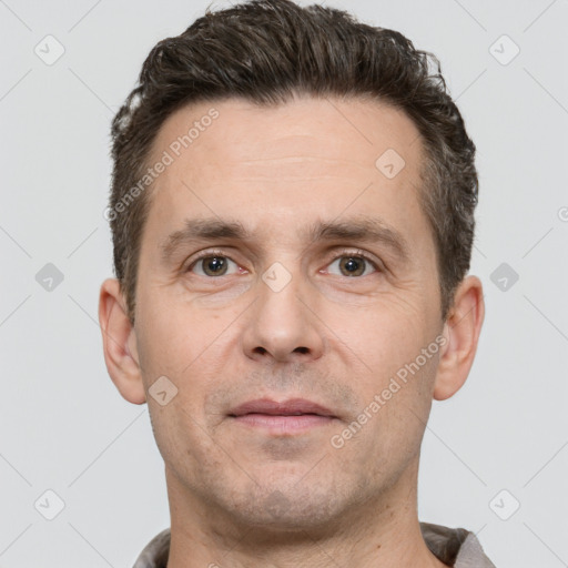 Neutral white adult male with short  brown hair and brown eyes