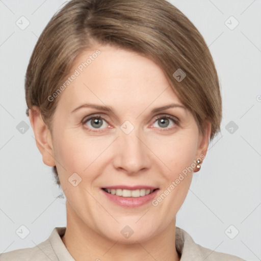 Joyful white young-adult female with short  brown hair and grey eyes