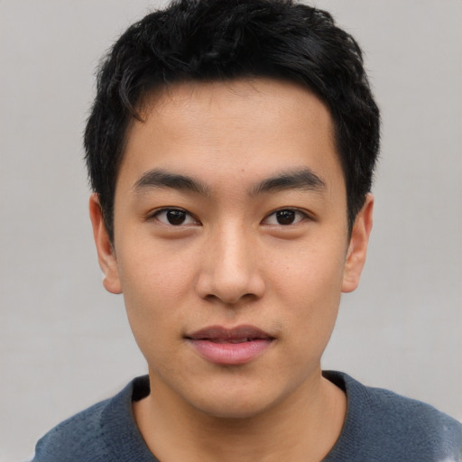Neutral asian young-adult male with short  black hair and brown eyes