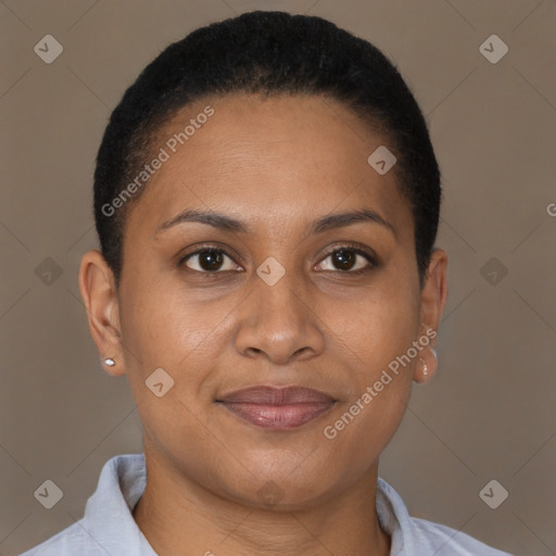 Joyful black adult female with short  brown hair and brown eyes