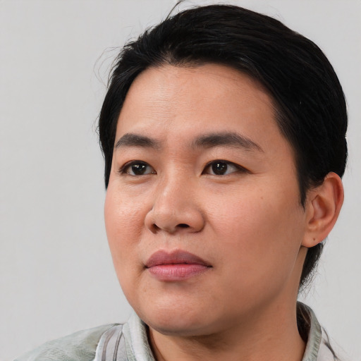 Joyful asian young-adult male with medium  black hair and brown eyes