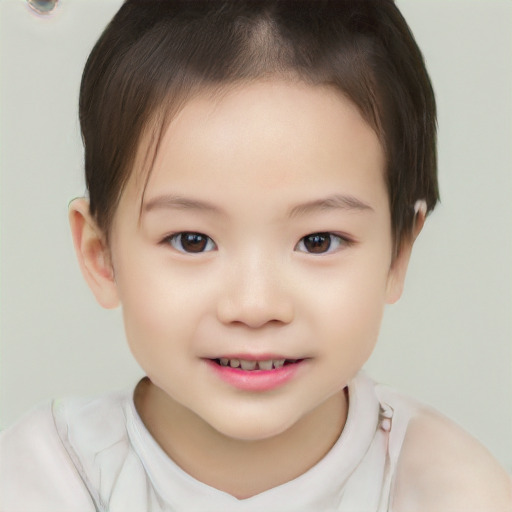 Joyful white child female with short  brown hair and brown eyes