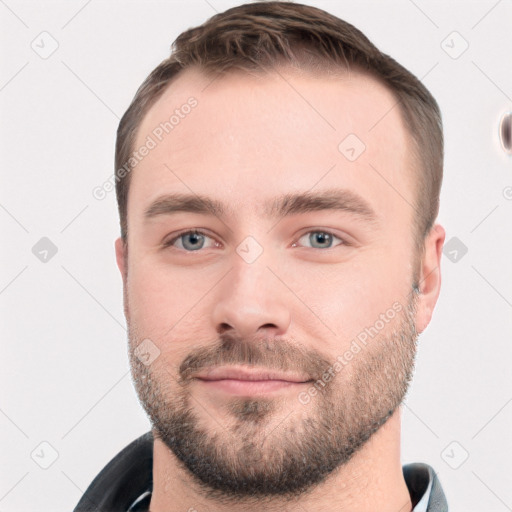 Neutral white young-adult male with short  brown hair and grey eyes